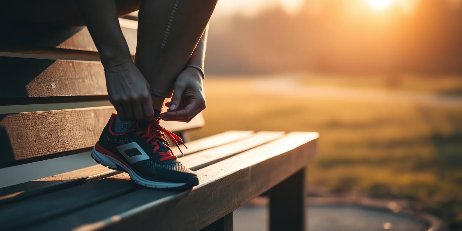 Runner lacing shoes at sunrise
