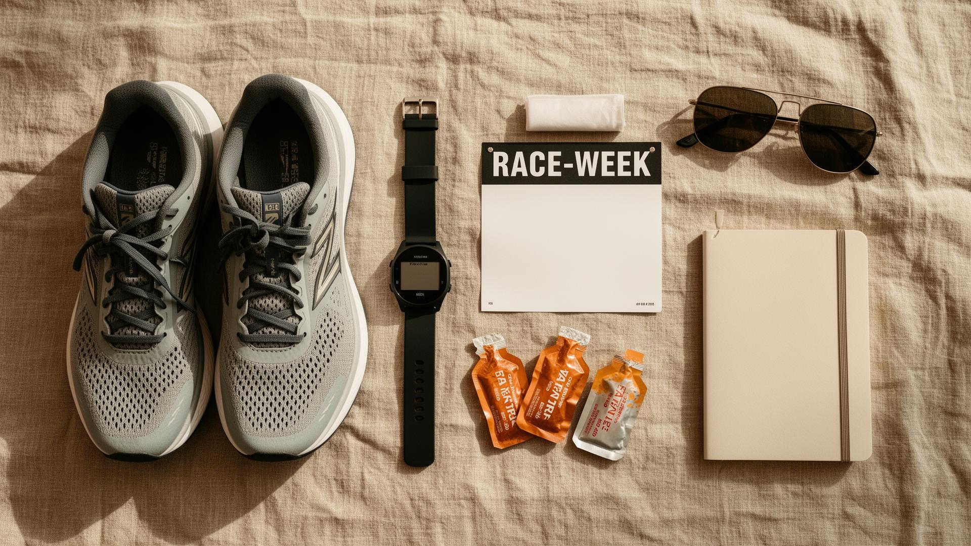 Flat lay of runner's race-week kit